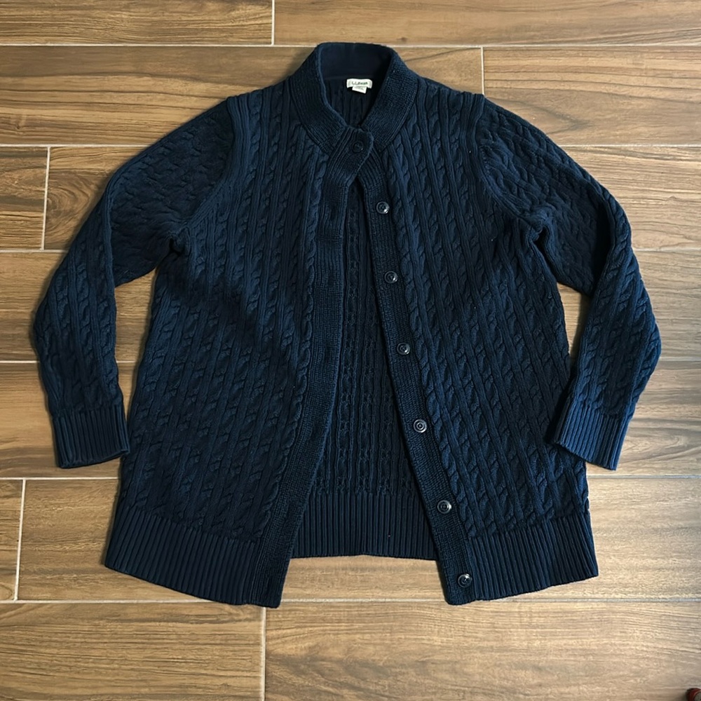 LL Bean Sweater Womens XL Blue Double L Mixed-Cable Button-Front Cardigan